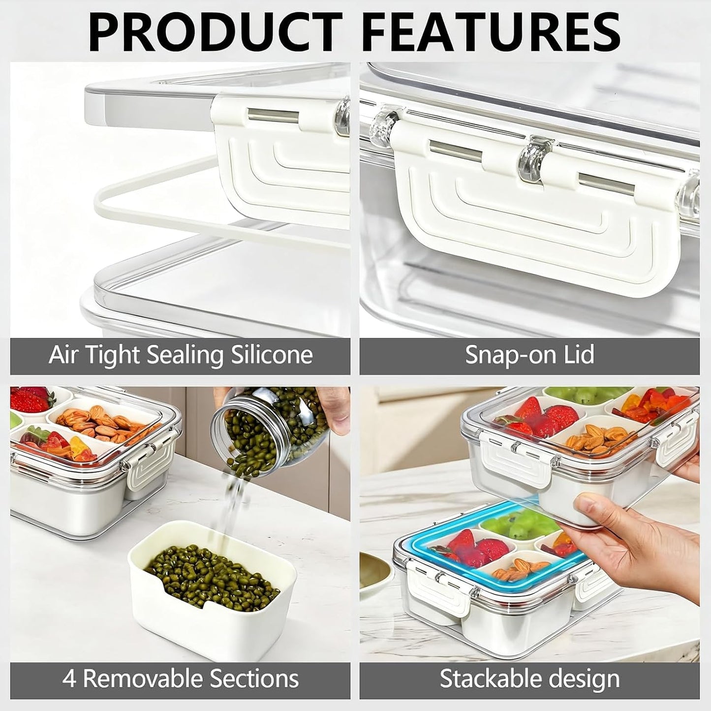 Snackle Box Container, Portable Snack Containers with Lids for Candy, Fruits, Nuts, Veggies, Snacks (White(2 Pack-4 Compartments))