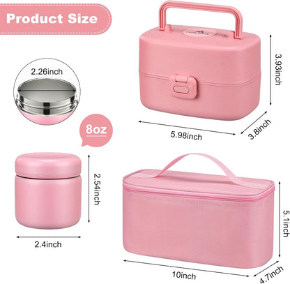 Pawtong Bento Lunch Box with 8oz Soup Thermo, Kids Sustainable Bento Box Leakproof Lunch Food Containers with Lunch Bag, Kids Thermo Insulated Hot Food Jar for School, Trvael (Blue)