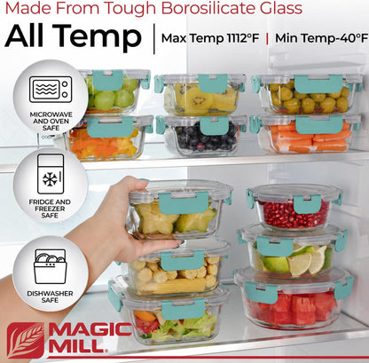 Magic Mill Premium Borosilicate Glass Food Storage Containers with lids Set | 24pc Sets with 12 Bowls & 12 Airtight Locking Lids for Lunch & Meal Prep, Safe for Oven, Freezer, Dishwasher, BPA-Free