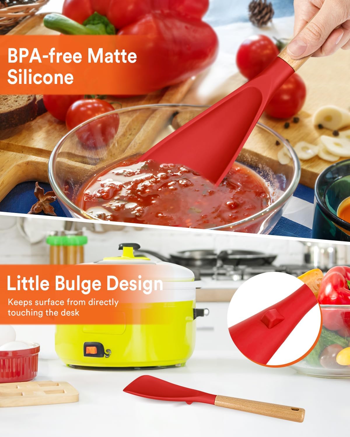 Cooking Spoon for Nonstick Cookwares, Great for Cooking and Serving Sturdy BPA-Free Matte Silicone, Wood Handle Spoon for Mixing, Scoop, and Scrape (Black & Grey, 11.4 inch)