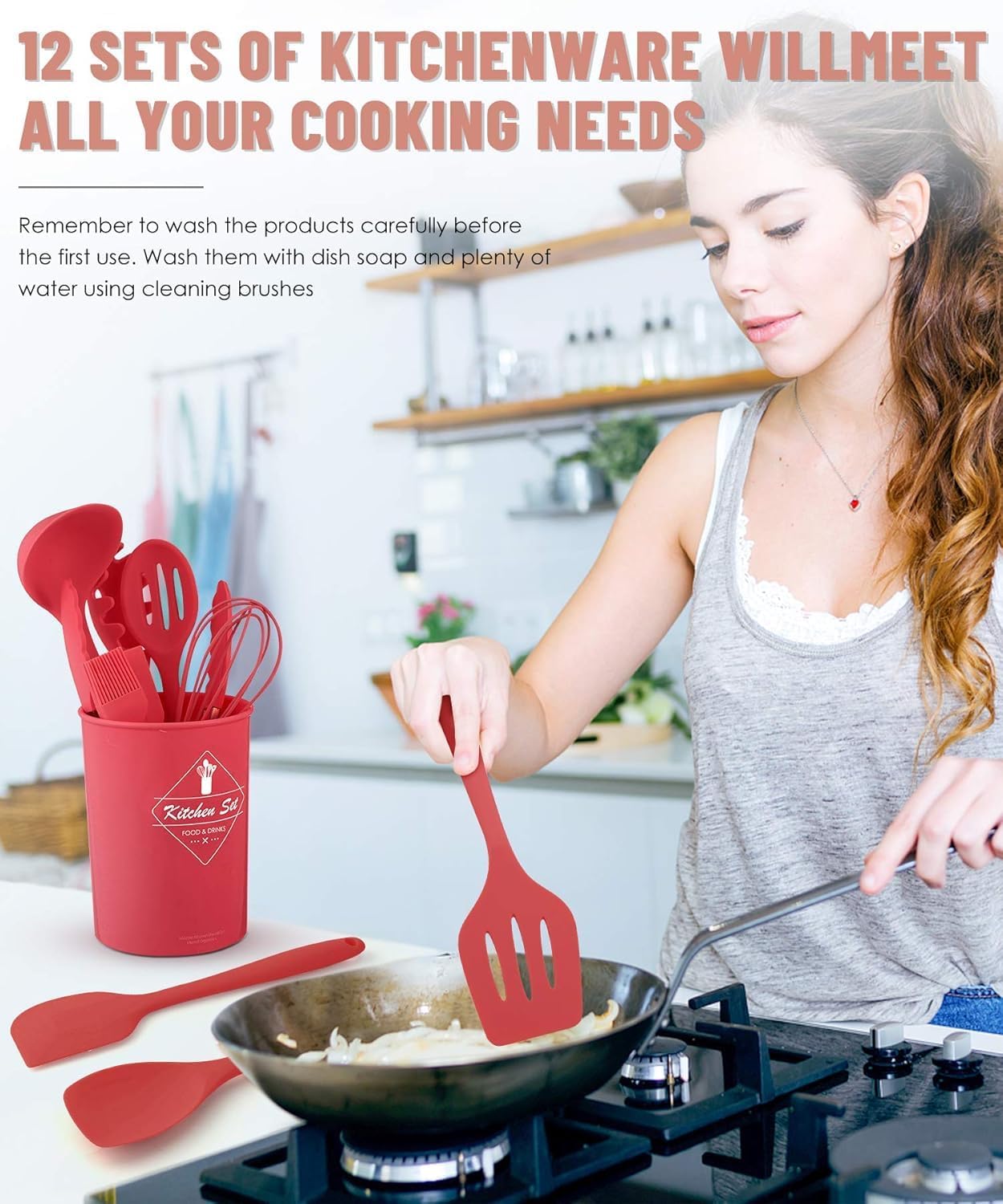 12-Piece Silicone Kitchen Utensil Set with Holder - Heat Resistant Cooking Tools (Black)