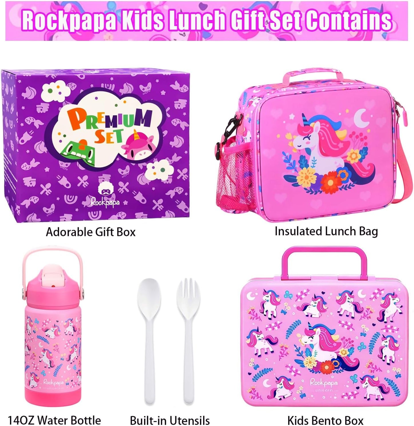 rockpapa Kids Lunch Box Set with 14oz Insulated Water Bottle & Lunch Bag, Leakproof 5.5 Cups Bento Box for School & Children, BPA-Free, Microwave Safe for Boys Girls (Grey Constr Turcks)