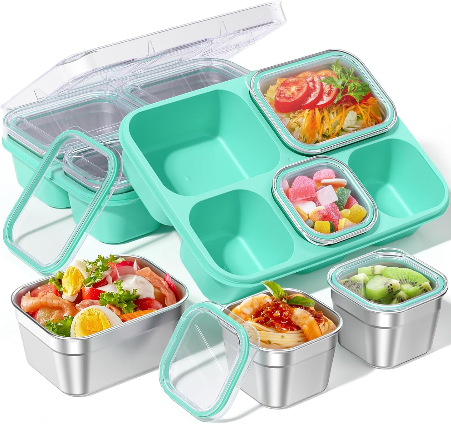BiuLeon Snackle Box Containers, Stainless Steel 5 Compartments Divided Serving Tray with Lid, Removable LeakProof Portable Bento Box for Fruit Candy Nuts Food - School, Picnic and Travel（Blue）