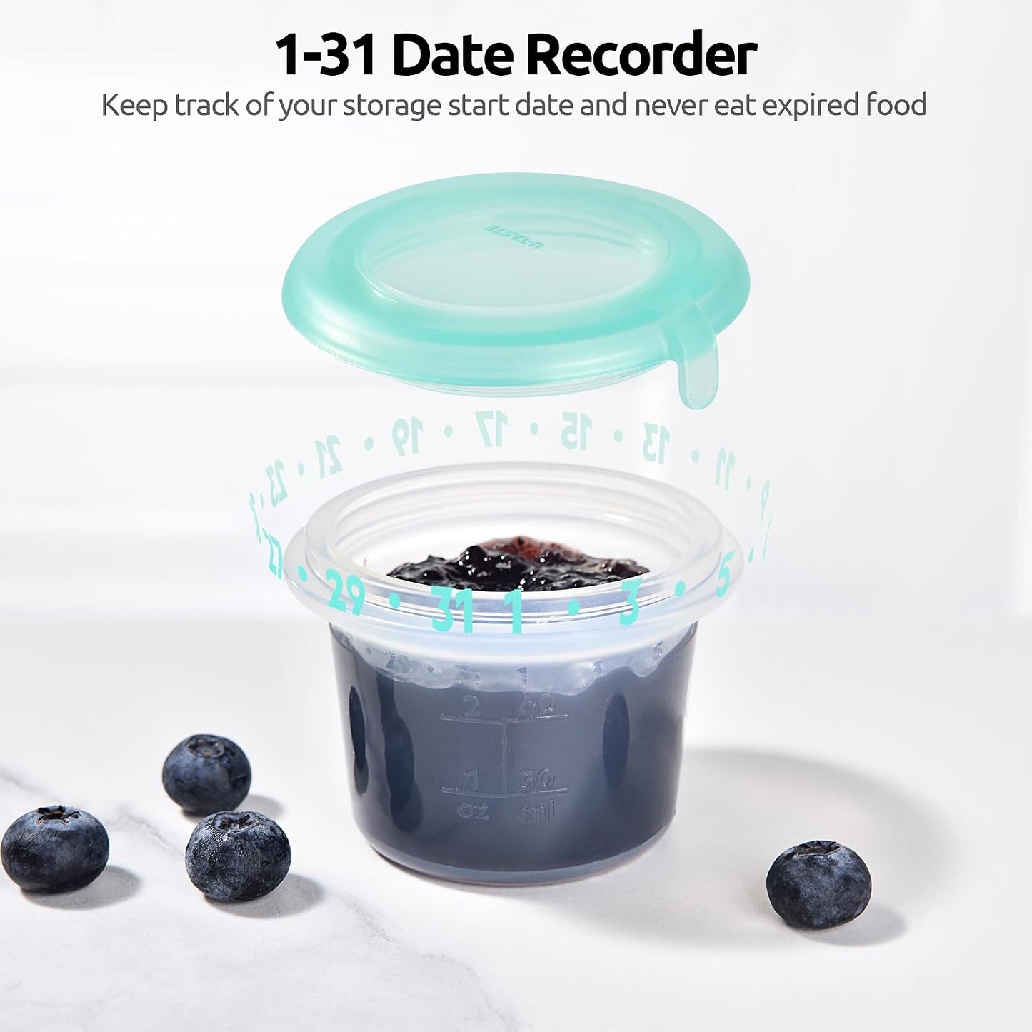 U-Taste Silicone Food Storage Containers Set: Meal Prep Box with Airtight Lid, Freezer & Microwave Safe, Date Marking Circle, Clear cup/oz/ml Measurement for Dry & Wet Deli -2oz/4oz/8oz/16oz, Aqua Sky