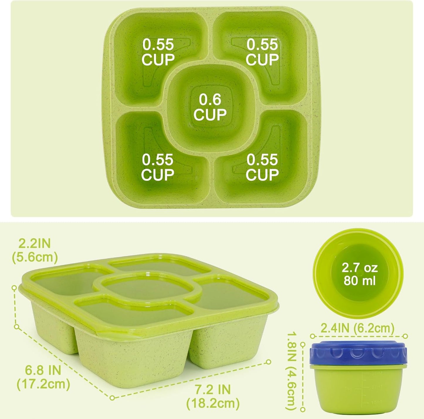 Original Lunchable Snack Containers - 5 Compartments Bento Snack Boxes with 1 Leakproof Small Containers, Wheat Straw, BPA-Free, Set of 2 (Bule+Pink)