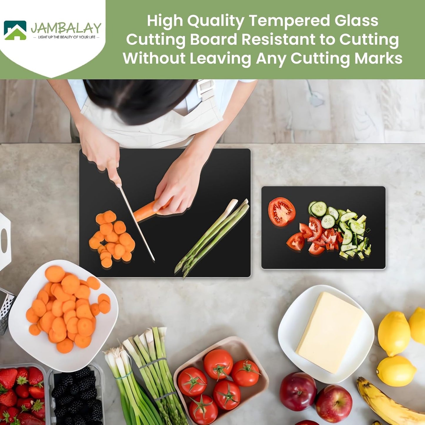 JAMBALAY Tempered Glass Cutting Boards for Kitchen, Gold 12"x8" & 16"x12" Glass Cutting Board Set with Marble Design, With Non Slip Foot, Shatter and Heat Resistant, Dishwasher Safe