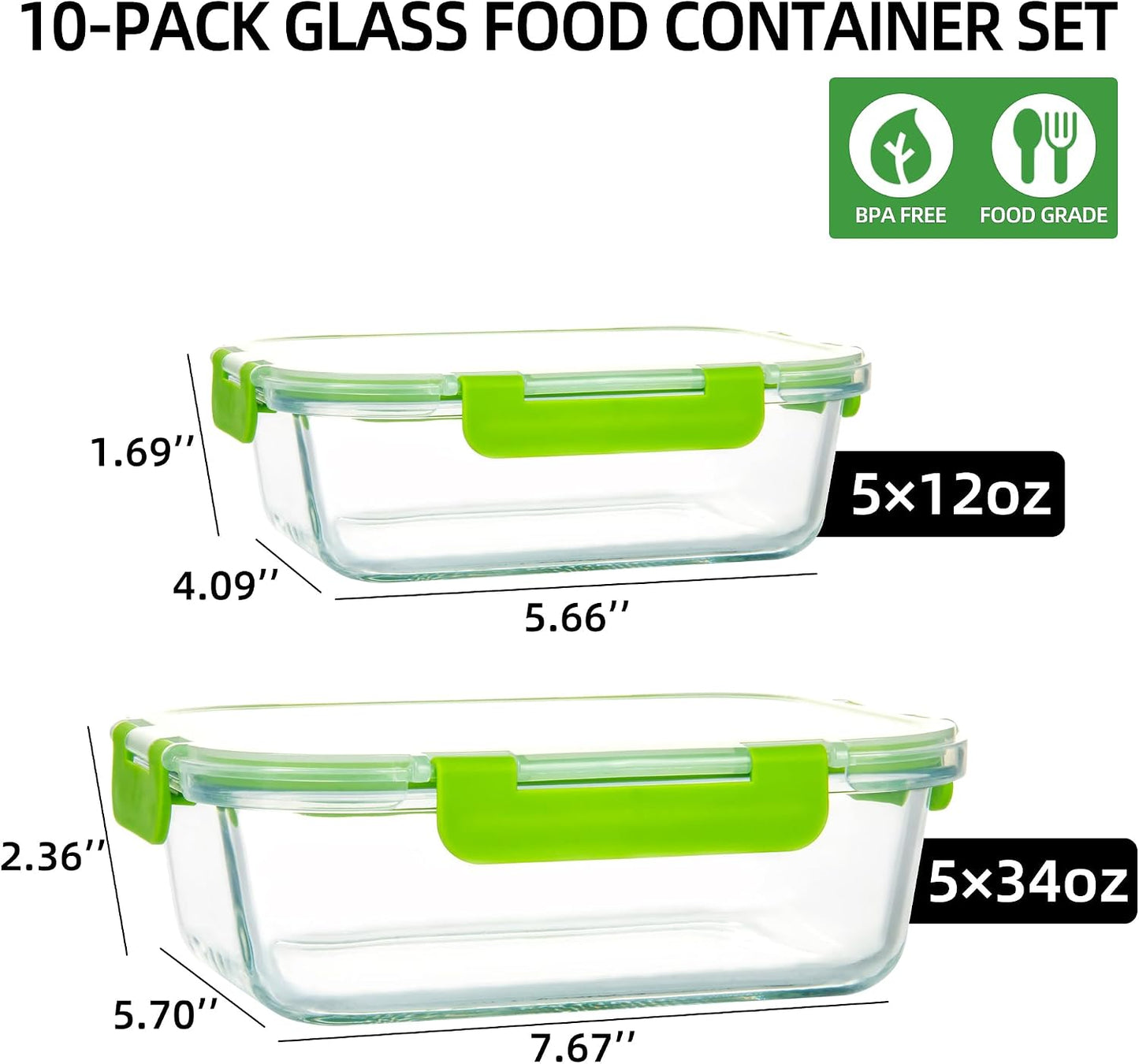 UMEIED 10 PACK Glass Food Storage Containers with Leak Proof Lids, Glass Airtight Meal Prep Containers Set for Lunch, On the Go, Leftover, Kitchen Pantry Organizers and Storage (Pink)
