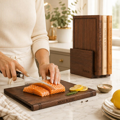 Book Shaped Cutting Board Set with Walnut Stand, 3 PCS Wooden Cutting Boards (13"x10"), Maple Sapele & Bamboo Charcuterie Serving Boards, Decorative Kitchen Decor Gift for Housewarming (1Set)