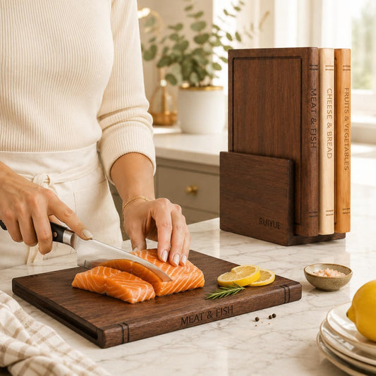Book Shaped Cutting Board Set with Walnut Stand, 3 PCS Wooden Cutting Boards (13"x10"), Maple Sapele & Bamboo Charcuterie Serving Boards, Decorative Kitchen Decor Gift for Housewarming (1Set)