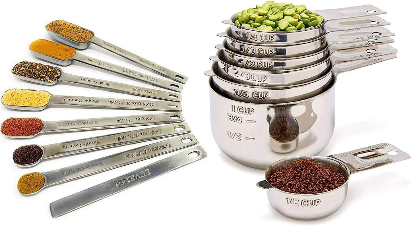 Simply Gourmet Measuring Cups & Spoons Set of 12, 18/08 Stainless Steel Kitchen Gadgets, Stackable Design with Long Handle Spoons, Fits in Spice Jars, Cooking & Baking Set for Dry & Liquid