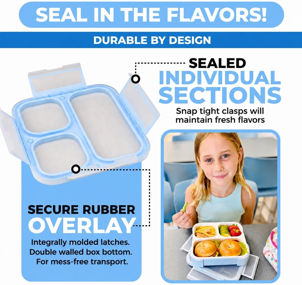 kinsho Medium Bento Boxes for Kids, Lunch Box for Boys Girls Toddler Adults, Leak-Proof 3 Compartment Containers for Meal or Snack at School Daycare Work Travel, BPA Free 2 Pack (Pastel Blue + Pink)