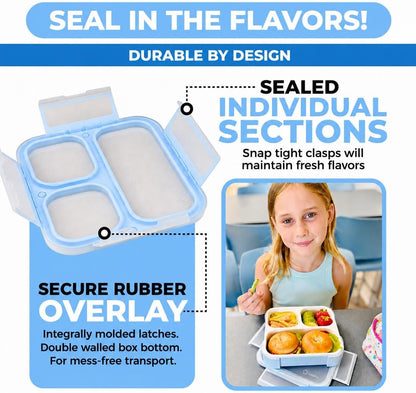 kinsho Medium Bento Boxes for Kids, Lunch Box for Boys Girls Toddler Adults, Leak-Proof 3 Compartment Containers for Meal or Snack at School Daycare Work Travel, BPA Free 2 Pack (Pastel Blue + Pink)