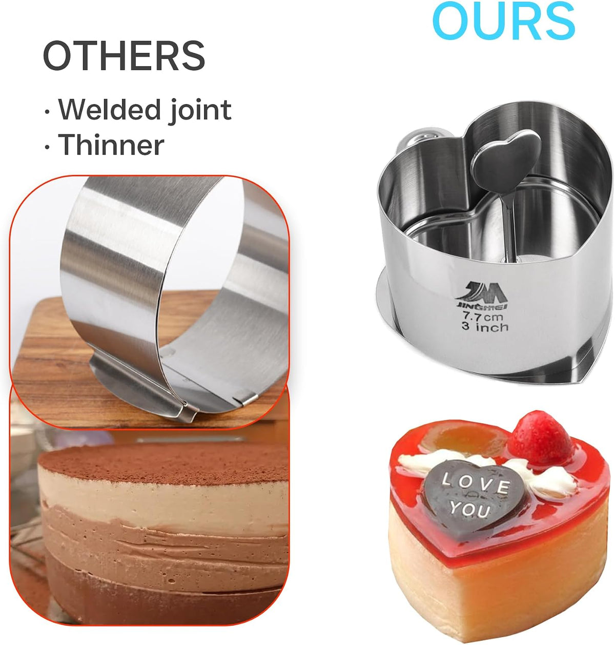 6 Pack Round Cake Ring Molds, Seamless Stainless Steel Cake Cutter with Pusher & Lifter, 3-Inch Dessert Mousse Rings for Baking (Includes 1 Pusher, 1 Lifter and 6 Rings)