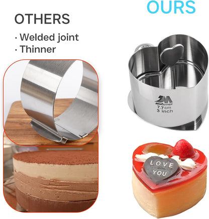 6 Pack Round Cake Ring Molds, Seamless Stainless Steel Cake Cutter with Pusher & Lifter, 3-Inch Dessert Mousse Rings for Baking (Includes 1 Pusher, 1 Lifter and 6 Rings)