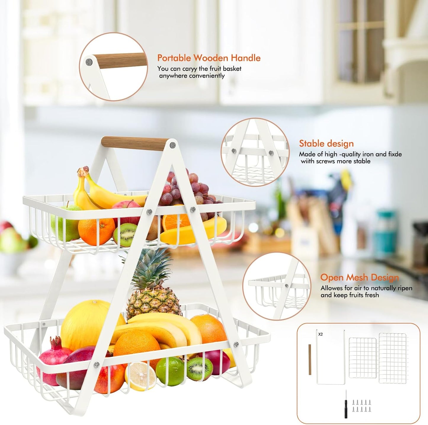 mahueeol 2-Tier Countertop Fruit Basket, Detachable Metal Rectangular Fruit Bowl with Portable Wooden Handle, Multi-Purpose Storage Organizer for Kitchen, Dining Room, Fruits,Vegetables,Bread & Snacks