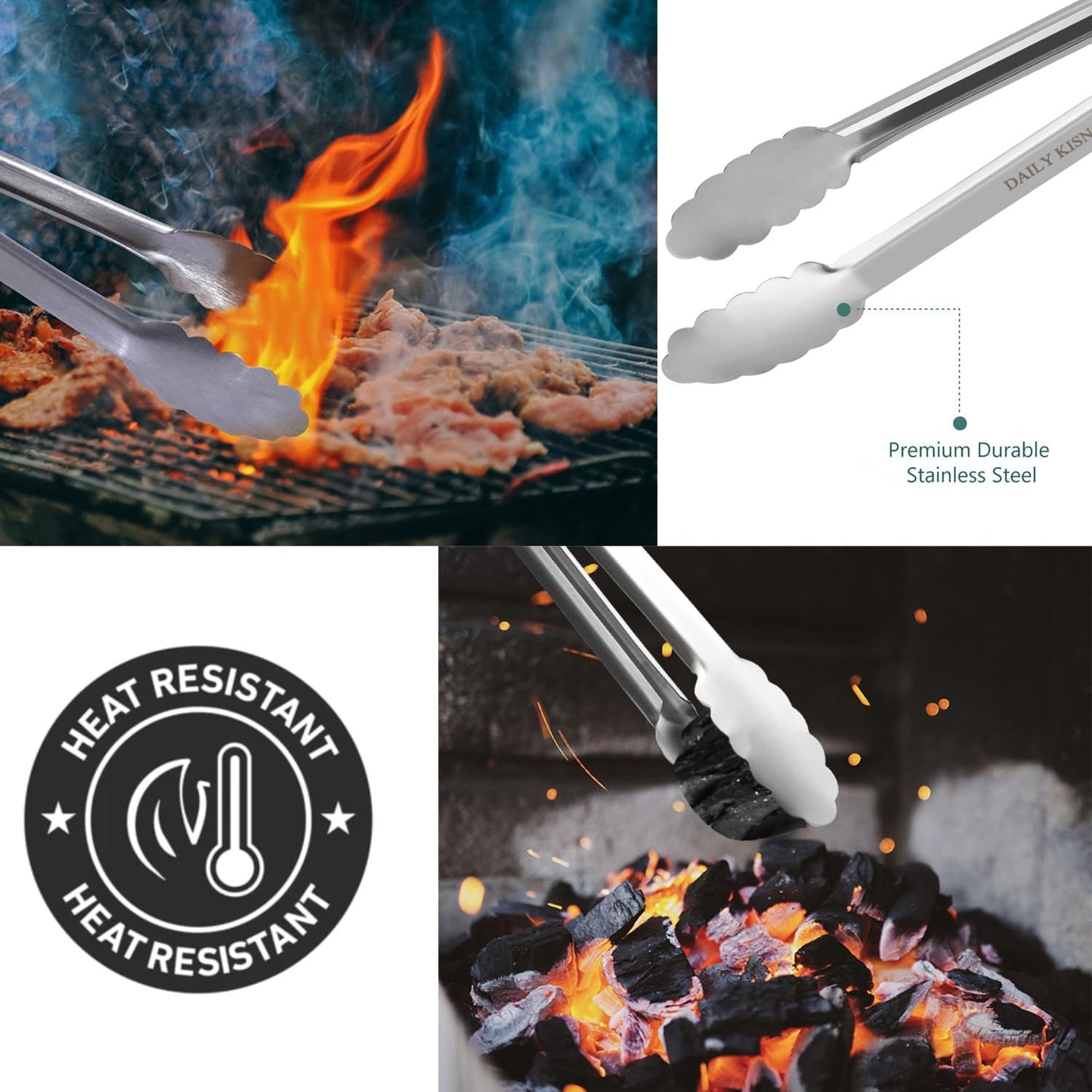 Stainless Steel Tongs Set, Food Grade Stainless Steel Kitchen Tongs, Heat Resistant 600 Degrees, for Cooking, BBQ Barbecue, Grilling, Buffet, Serving (7"+9"+12")