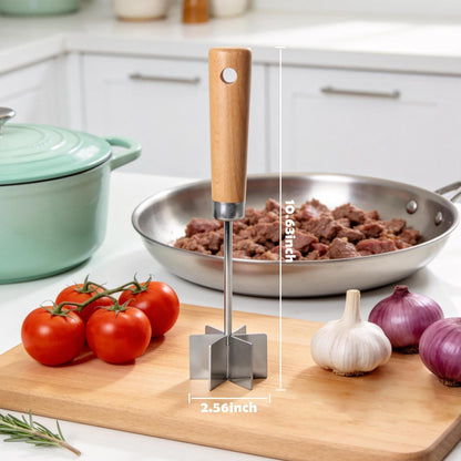 304 Stainless Steel Meat Chopper, 6-Blade Ground Beef Masher & Hamburger Smasher Tool, Heavy Duty Ground Meat Chopper with Ergonomic Wooden Handle for Beef, Turkey & Potatoes