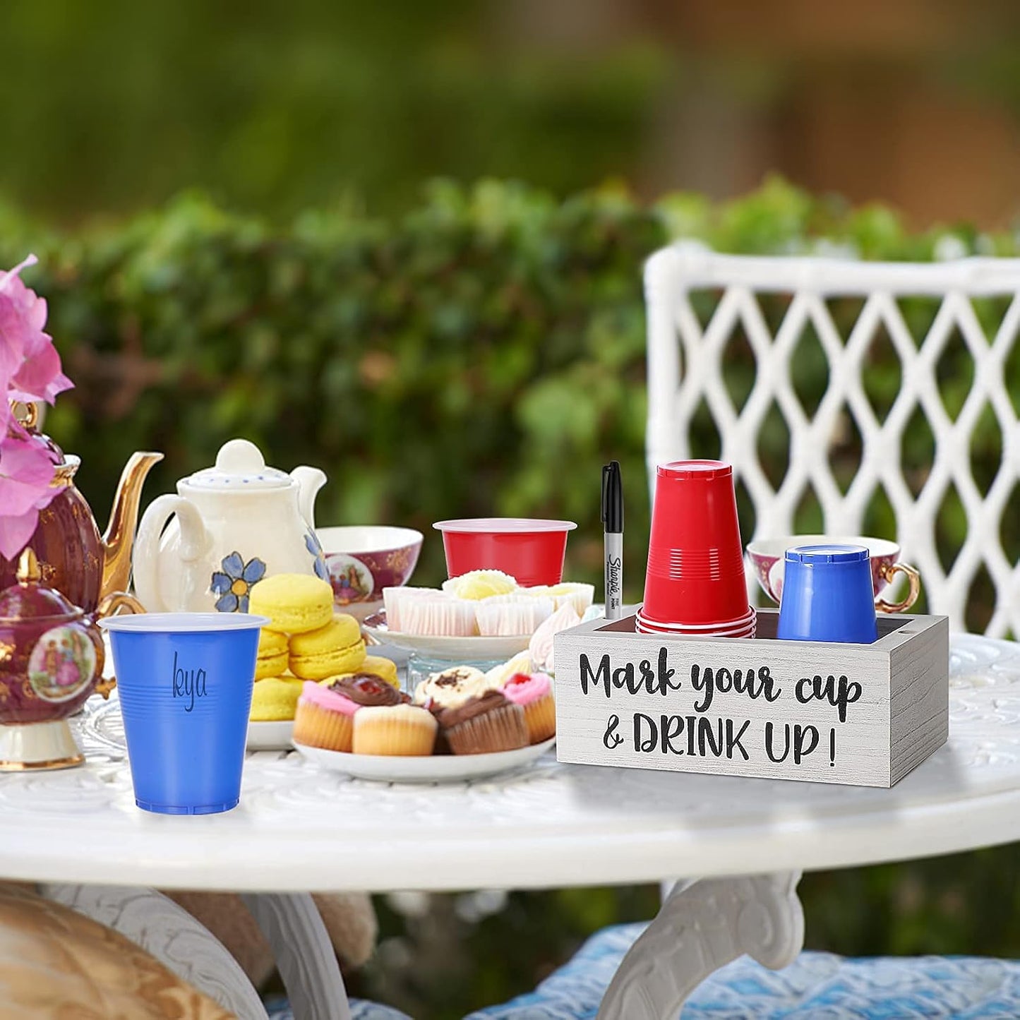 Single Cup Holder with Marker Slot Party Cup Dispenser Mark Your Cup and Drink Up Drink Dispensers for Parties Housewarming Hostess Gift Cup Holder Countertop 2 Sides Designs