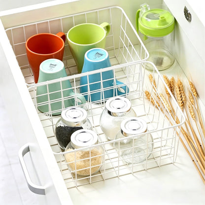 White Wire Storage Baskets,11.1"x8.7"x4.7"Wire Freezer Storage Organizer Bins Farmhouse Metal Freezer Basket with Handles for Cabinets, Pantry, Closets, Bedrooms,White,4 Pack