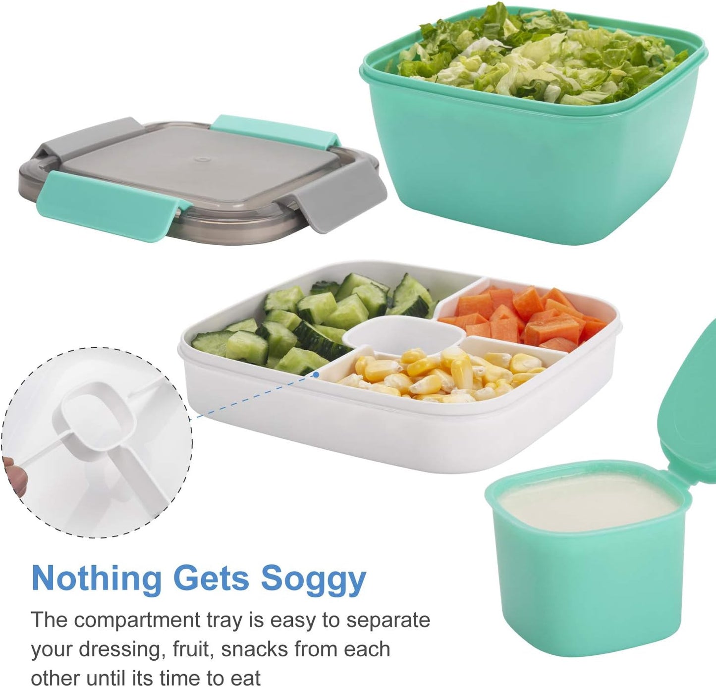 Freshmage Salad Lunch Container To Go, 52-oz Salad Bowls with 3 Compartments, Salad Dressings Container for Salad Toppings, Snacks, Men, Women (Blue)