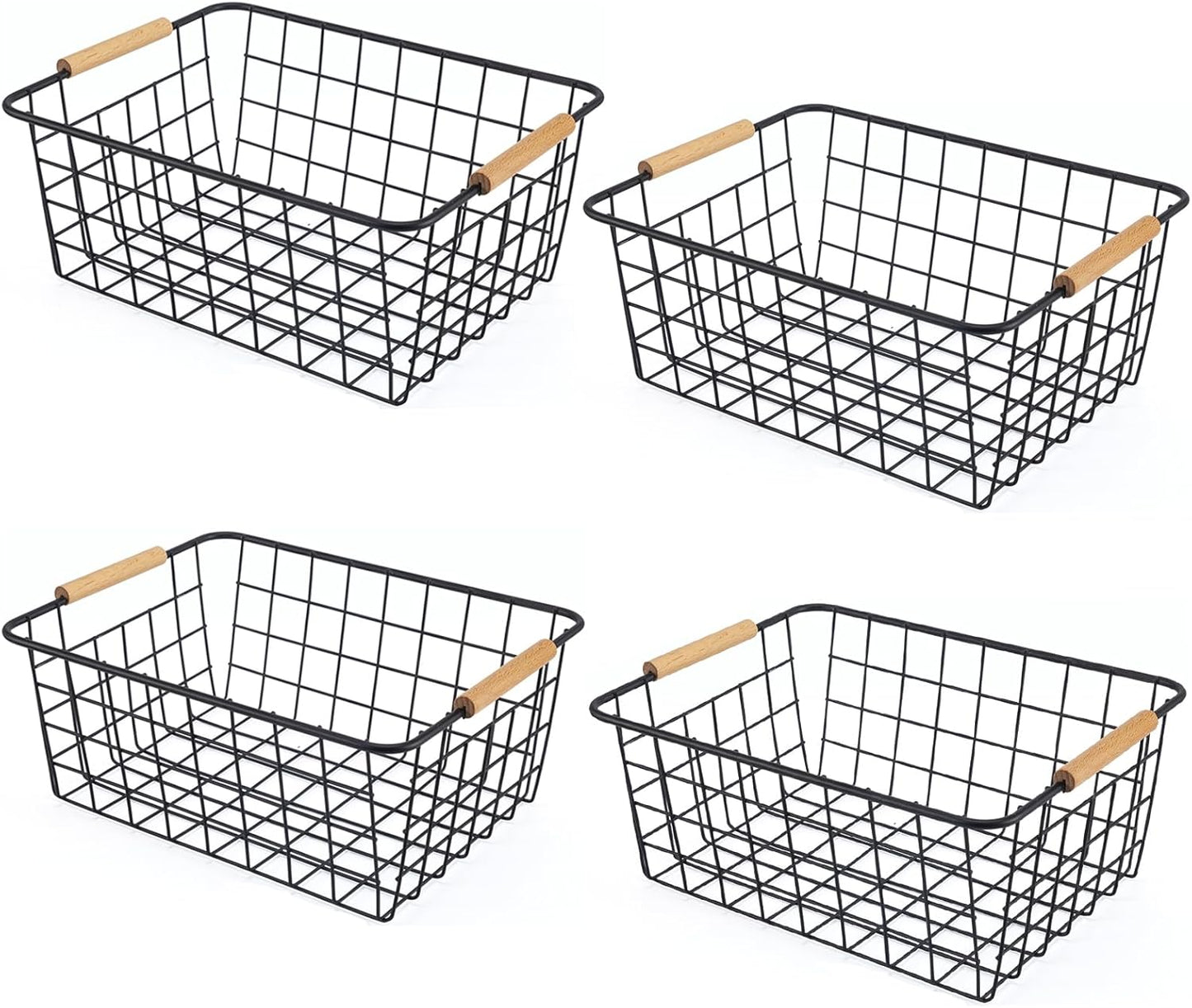 Black 2PCS Wire Storage Baskets with Wooden Handles - Organizing Pantry and Kitchen Cabinets - Metal Wire Food Storage Basket