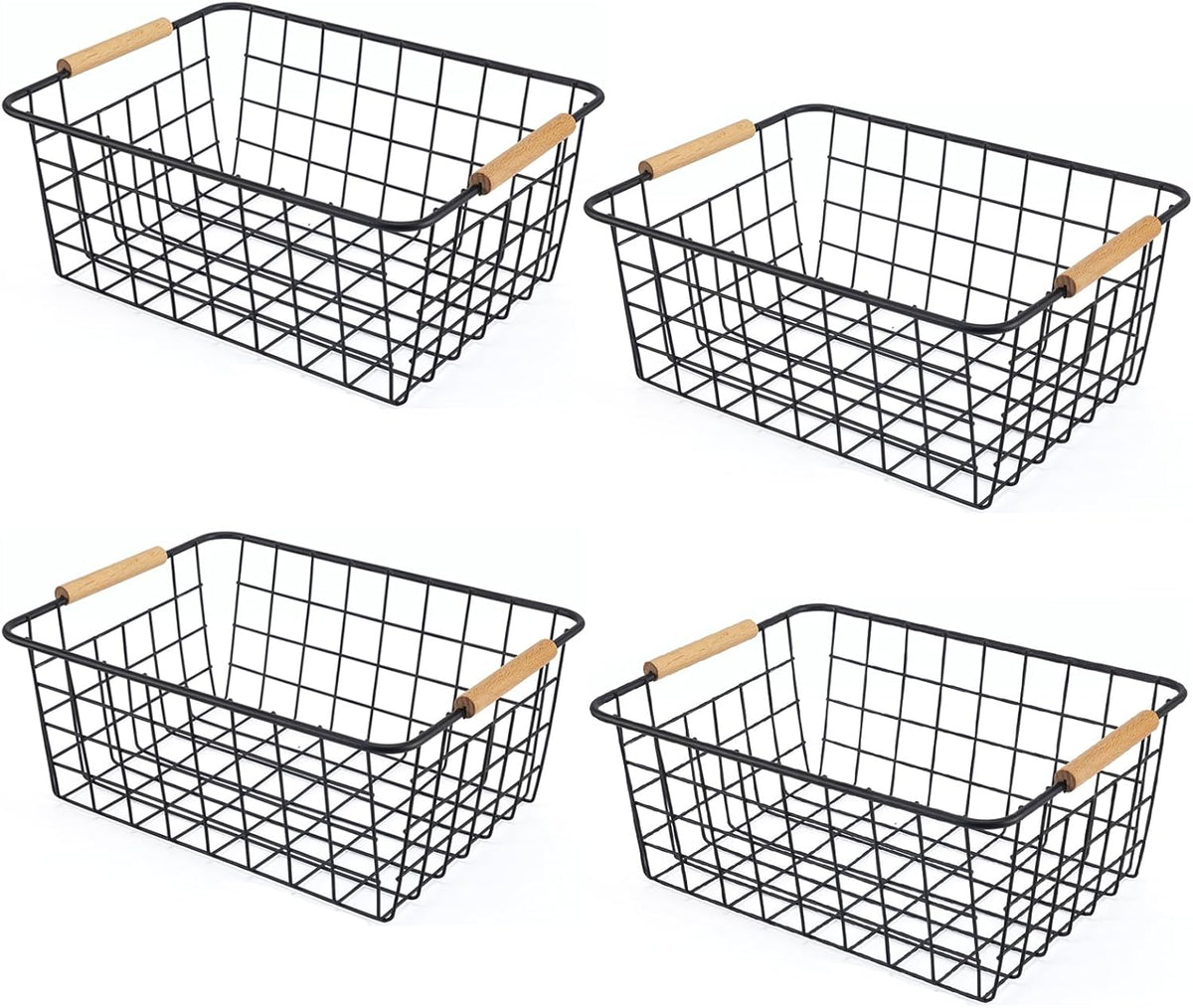 Wire Basket 4 Pcs Wire Storage Baskets Wire Baskets Organizing with Wooden Handles Wire Basket Pantry Organization and Storage Metal Wire Food Storage Basket for Kitchen, Cabinets (Black 4PCS)