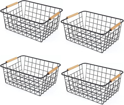 Wire Basket 4 Pcs Wire Storage Baskets Wire Baskets Organizing with Wooden Handles Wire Basket Pantry Organization and Storage Metal Wire Food Storage Basket for Kitchen, Cabinets (Black 4PCS)