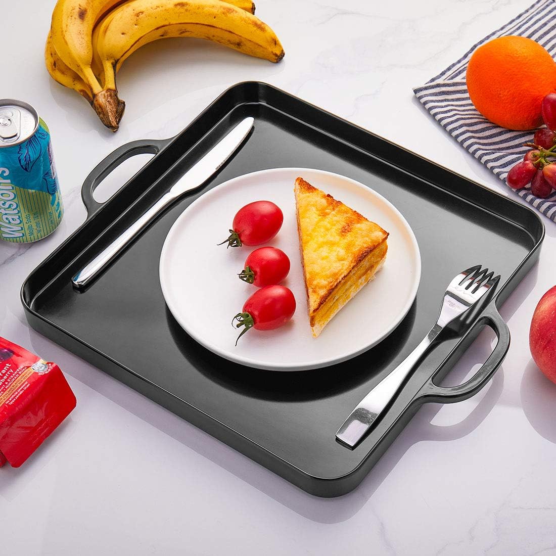 i BKGOO Foodservice Red Plastic Tray with Handle Set of 2 Large Melamine Cube Serving Platters for Parties, Table, Kitchen Size(12.5"x12.5"x1")