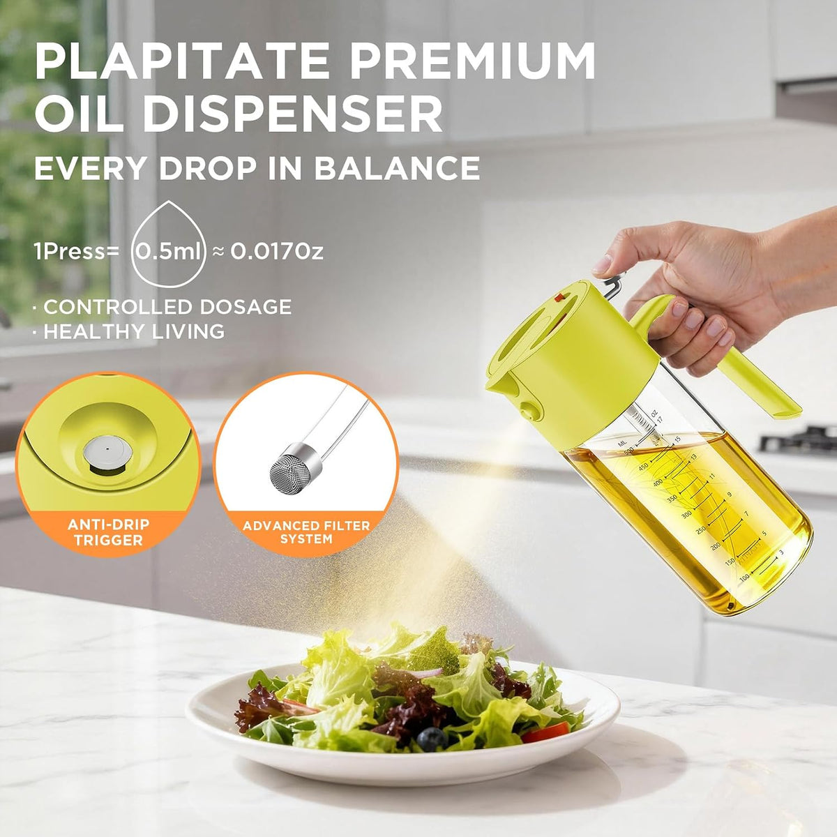 PLAPITATE 17oz/500ml Premium Olive Oil Sprayer for Cooking, 2 in 1 Glass Olive Oil Dispenser Bottle for Kitchen Gadgets, Spray Bottle with Portion Control for Salad, Frying, BBQ (Black)