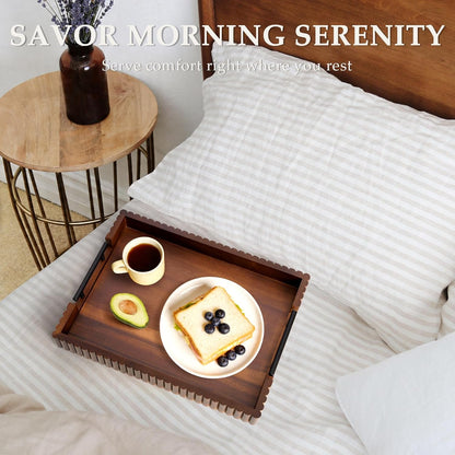 Acacia Wood Decorative Serving Tray with Handles, 16.7" x 12.8" Large Wooden Ottoman Tray for Living Room, Coffee Table Tray Decor for Food, Dinner, Tea or Breakfast in Bed (Natural)