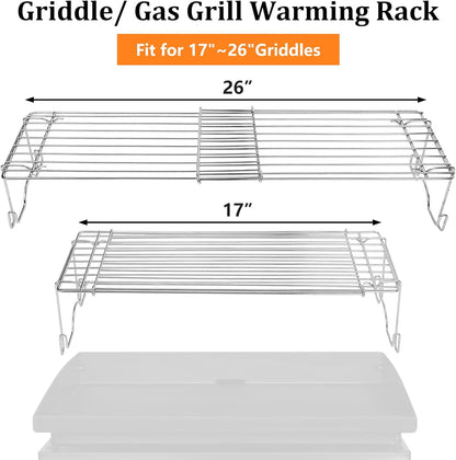 Utheer 2-Pack Griddle Warming Rack for Blackstone 28" Griddles, Stainless Steel Flat Top Grill Accessories | Reversible Rack Adds Prep Space, Foldable Clip-On Design Expands Cooking & Holding Area