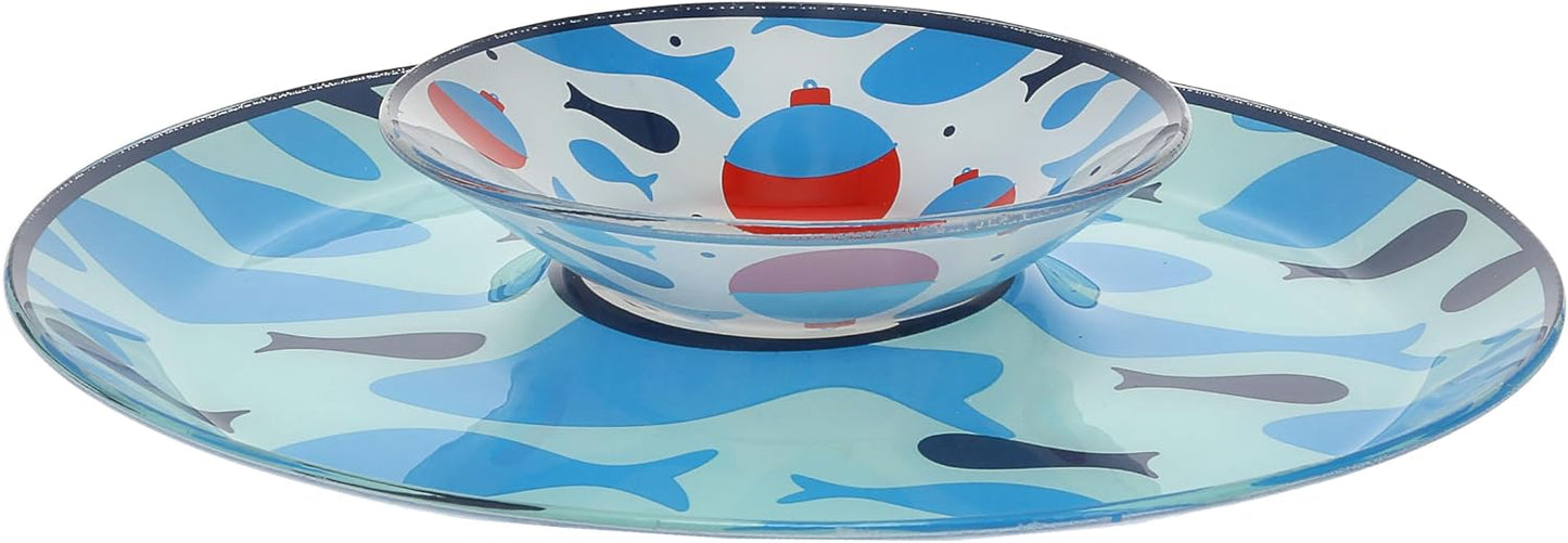 Pavilion Gift Company - Lake - 11.5" Chip Holder with 6" Glass Serving 10 Oz Dip Bowl Fish Fishing Boat Boating Lake Beach Waterfront Ocean Nautical Seaside River Kitchen Decor Summer Serveware