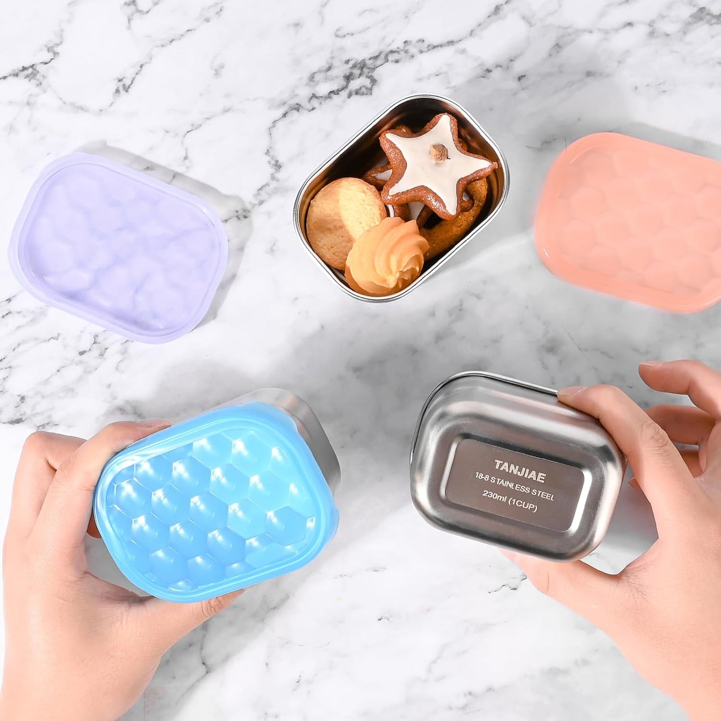 Tanjiae Small (1 CUP) Stainless Steel Snack Containers for Kids | Easy Open Leak Proof Food Containers with Silicone Lids - Perfect Metal Toddler Lunch Box for Daycare and School (8oz)