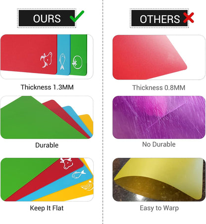 Kitchen Plastic Cutting Board Set - Extra Thick Flexible Cutting Mat for Cooking, Non-Slip Chopping Board with Colored Food Icons & Easy-Grip Handles, Dishwasher Safe, Set of 4