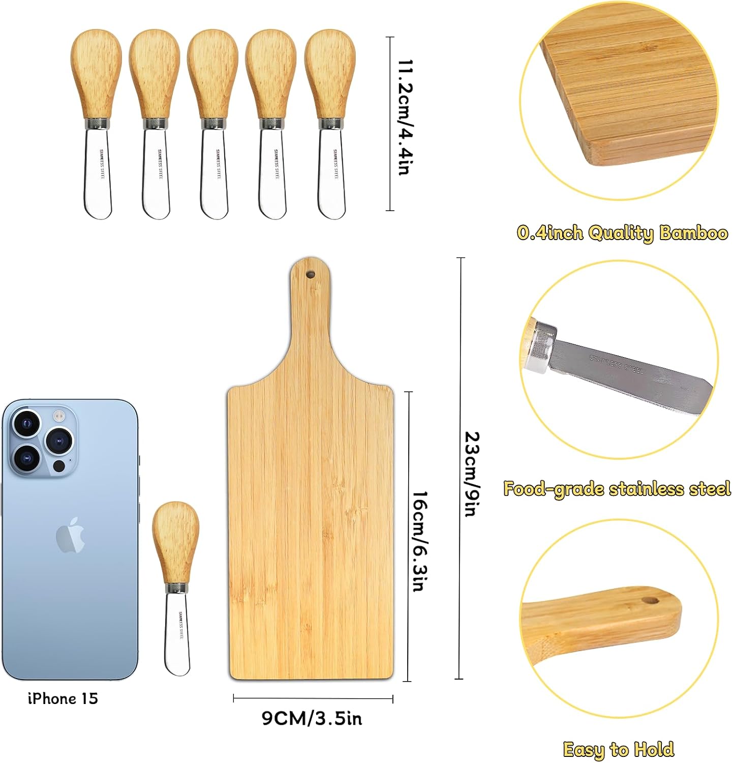 Mini Charcuterie Boards, 3.5 * 9IN Cutting Boards, Wood Cheese Board with Knives, Thicken Bamboo Chopping Board Serving Trays, Small Charcuterie Boards for Guests Wedding Party Baby Shower, Set of 6