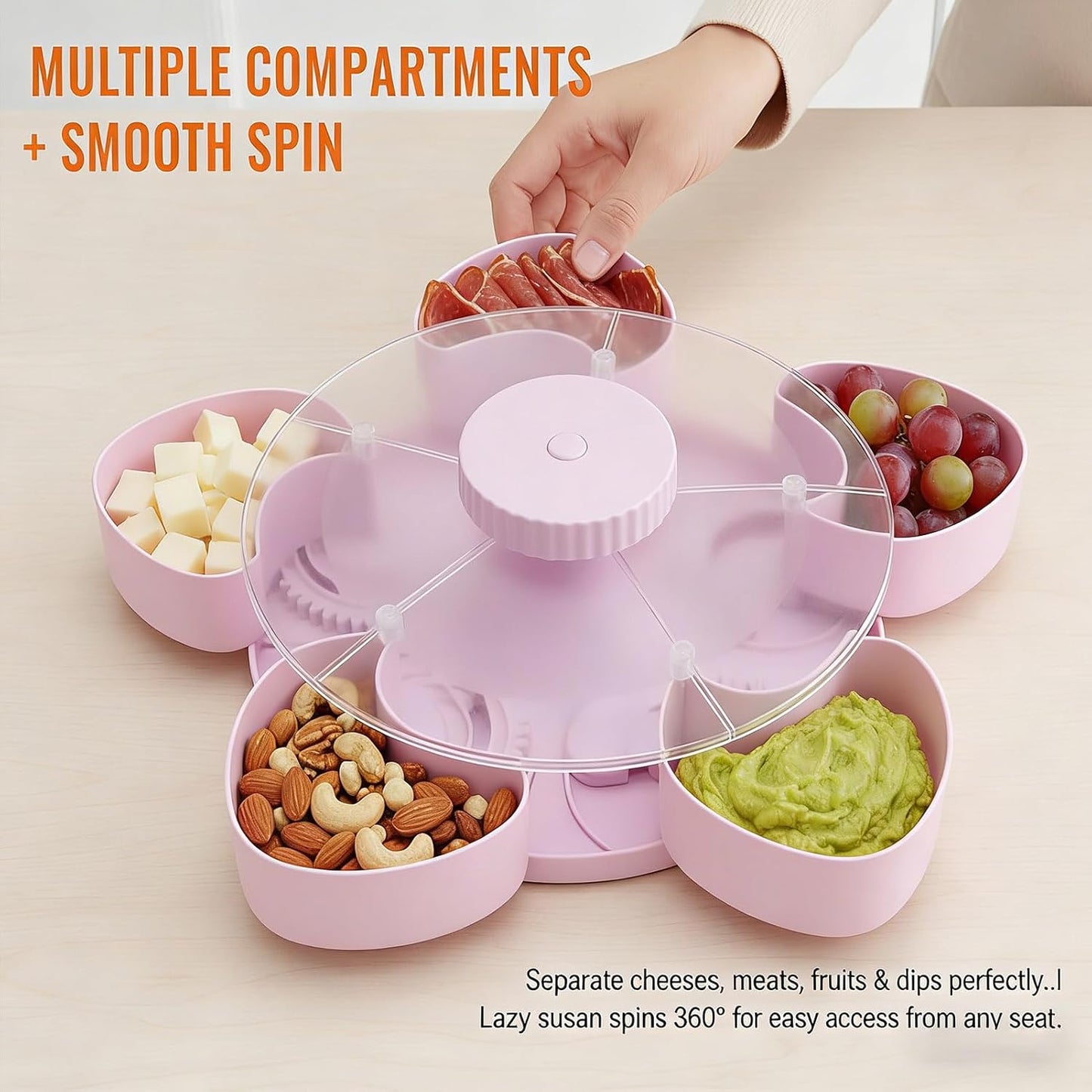 Divided Spin and Snack Serving Tray with Lids Spinning Compartment Platter for Dips Veggies Fruits Space-Saving Kitchen Organizer for Parties Picnics Travel (Pink)