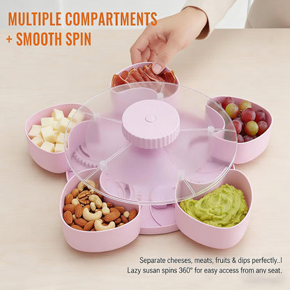 Divided Spin and Snack Serving Tray with Lids Spinning Compartment Platter for Dips Veggies Fruits Space-Saving Kitchen Organizer for Parties Picnics Travel (Pink)