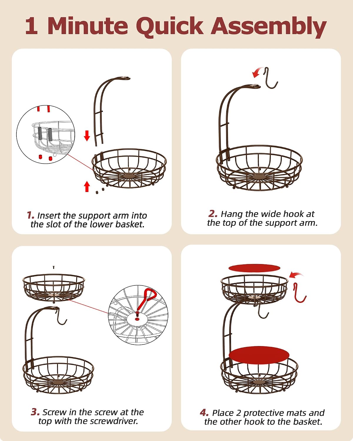 Sevenblue 2 Tier Large Fruit Basket for Kitchen Counter with Removable Banana Hanger - Sturdy Iron Fruit Bowl for Kitchen Counter and Vegetable Holder, Fruit Holder for Home Decor, Black