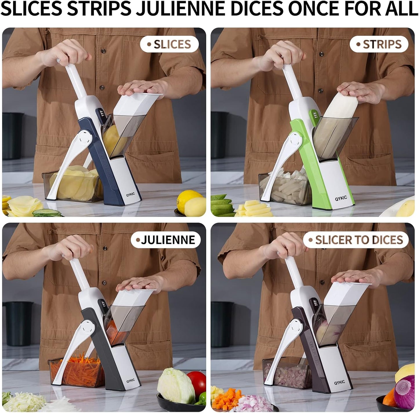 QYKIC Safe Mandoline Slicer,Vegetable Potato Slice Food Cutter for Kitchen,Thickness Adjustable Upright Veggie Chopper for Fast Meal prep (Gray)