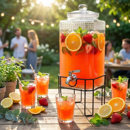 Drink Dispenser, Drink Dispensers for Parties, 1 Gallon Glass Beverage Dispenser with Stand and Glass Lid, 100% Leakproof Spigot, Ideal for Lemonade, Juice, Iced Tea, Laundry Detergent