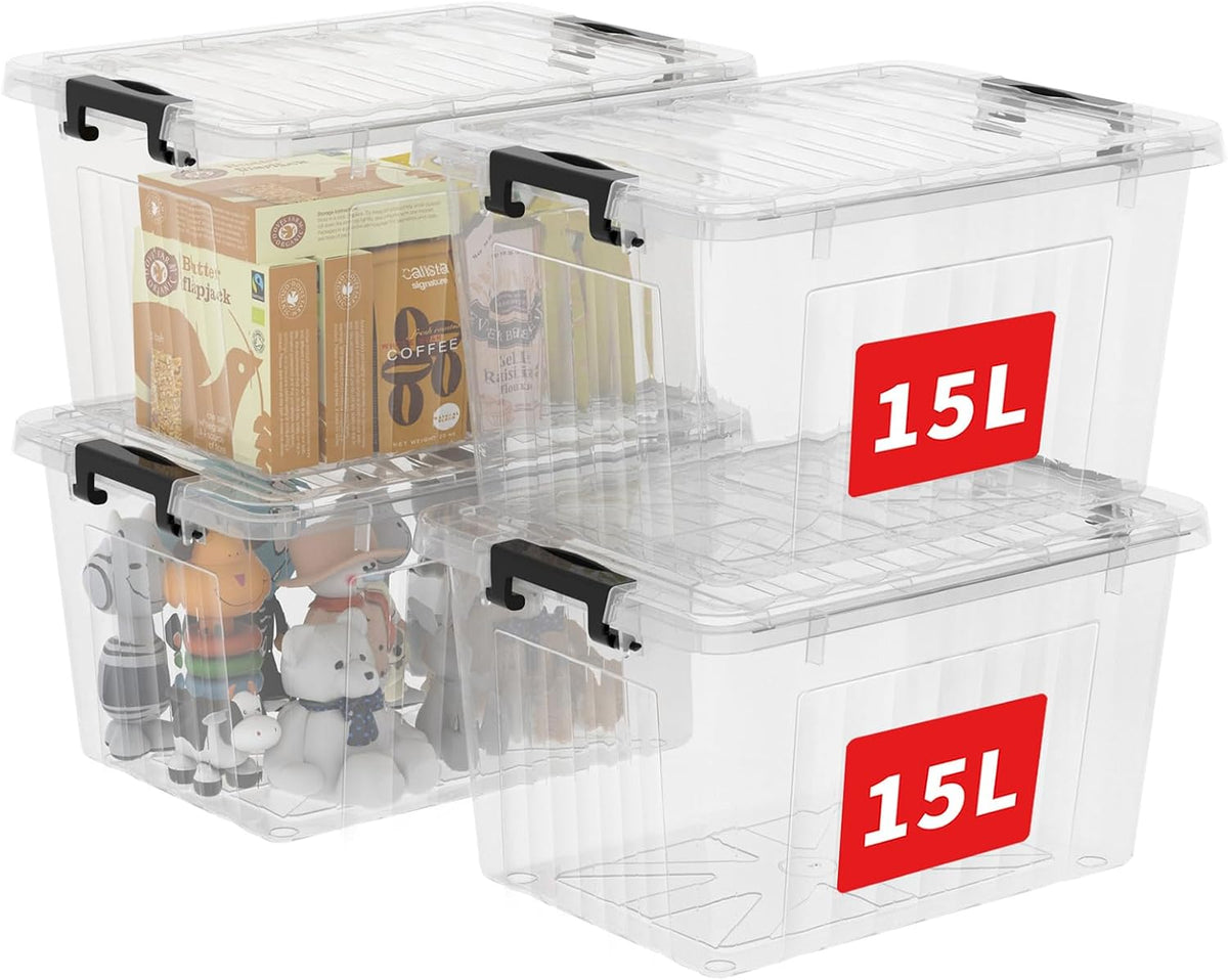 Cetomo 60Qt*6 Plastic Storage Bins, Storage Box, 6 Pack, Organizing Container with Wheels, Durable Lids and Secure Latching Buckles, Stackable and Nestable, Clear with Black Buckle