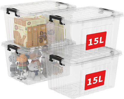 Cetomo 60Qt*6 Plastic Storage Bins, Storage Box, 6 Pack, Organizing Container with Wheels, Durable Lids and Secure Latching Buckles, Stackable and Nestable, Clear with Black Buckle