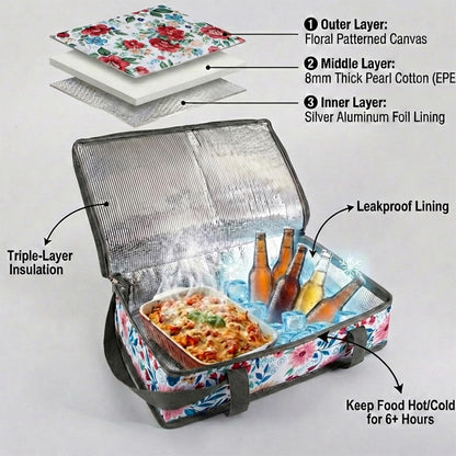 Pioneer Woman Style Insulated Casserole Carrier for Hot or Cold Food, Fits 9x13 Baking Dish,Floral Thermal Lasagna Lugger Tote with Oven Mitts and Pot Holders Set,Gift for Women, Mother's Day.3 PCS