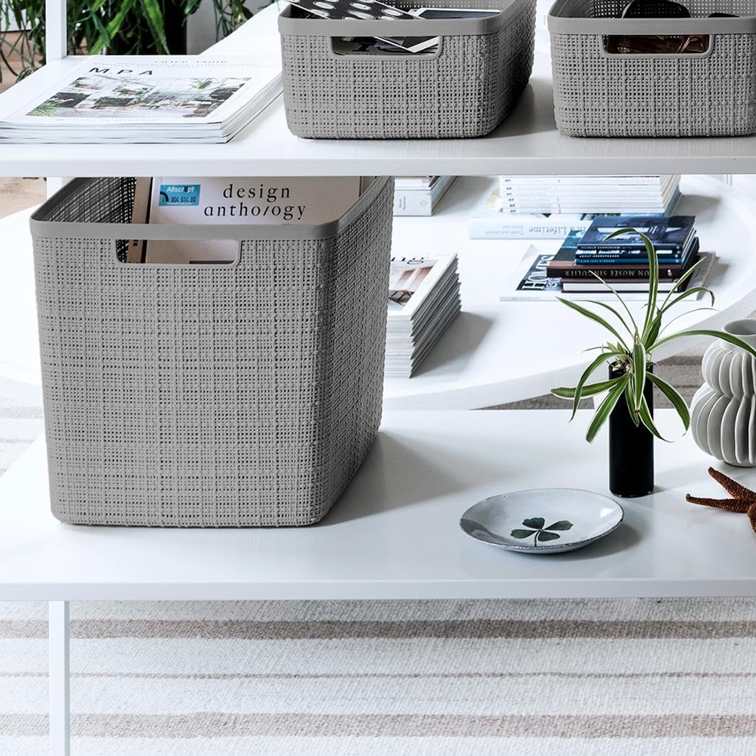 Curver Set of 4 Large 18L Easy Access Jute Decorative Plastic Organization and Storage Baskets - Perfect Bins for Home Office, Closet Shelves, Kitchen Pantry and All Bedroom Essentials, Black