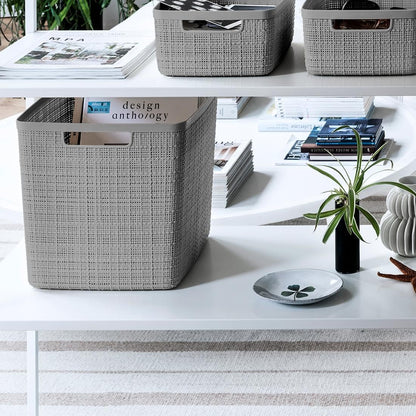 Curver Set of 4 Large 18L Easy Access Jute Decorative Plastic Organization and Storage Baskets - Perfect Bins for Home Office, Closet Shelves, Kitchen Pantry and All Bedroom Essentials, Black