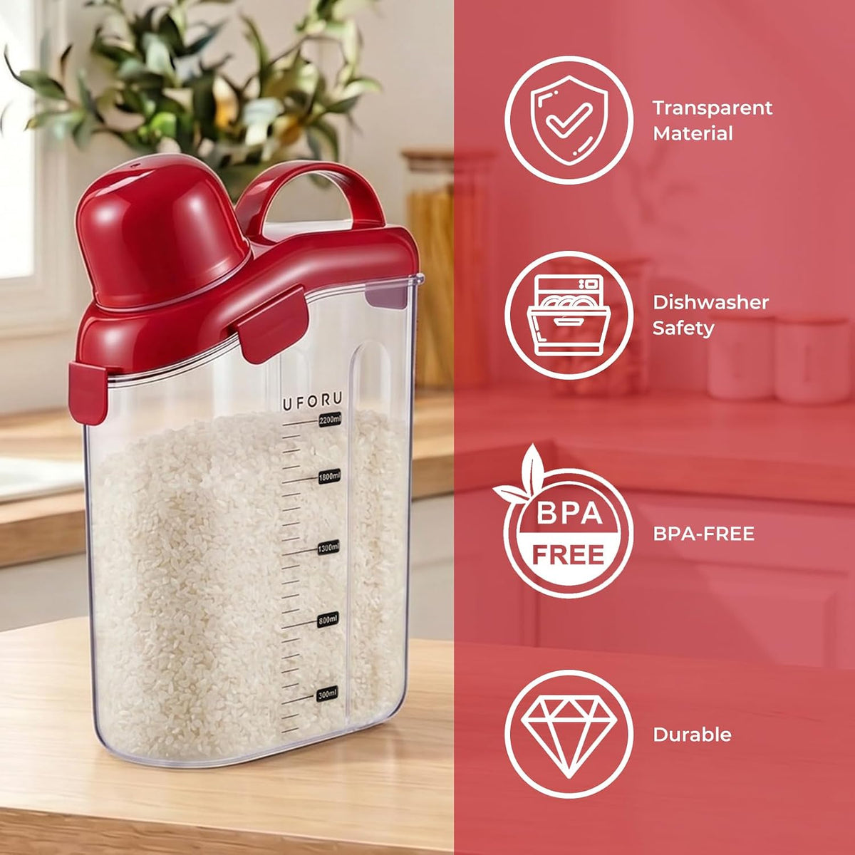 UFORU Cereal Containers Storage 2.1L, Airtight Rice Container with lids for grain, flour and beans, Pouring Spout & Handle, BPA-Free for Pet Food Storage(Cream White)
