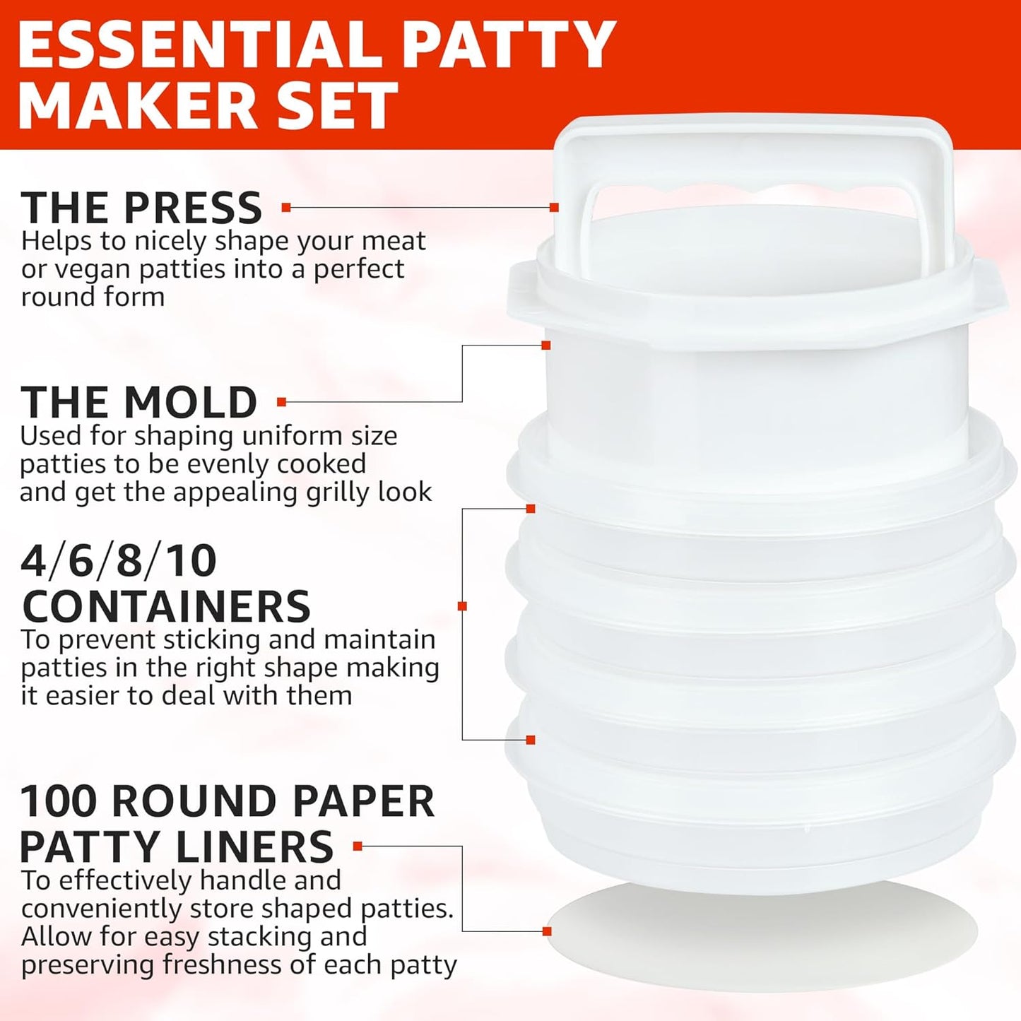 Hamburger Press Patty Maker - 4 in1, Burger Mold, Patty Press, 6 Storage Containers, 100 Round Papers - Hamburger Patty Maker Tool for BBQ - Burger Shaper for Meat, Veggie Patties
