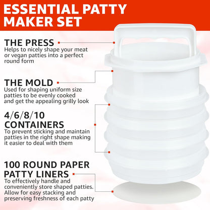 Hamburger Press Patty Maker - 4 in1, Burger Mold, Patty Press, 6 Storage Containers, 100 Round Papers - Hamburger Patty Maker Tool for BBQ - Burger Shaper for Meat, Veggie Patties