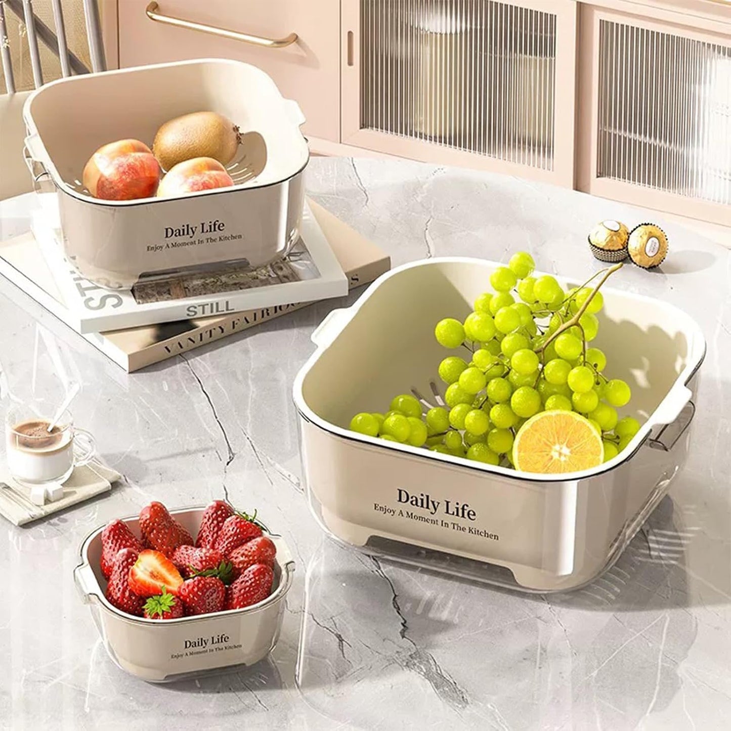 3 Pcs Set Double-Layer Plastic Colander, Large Capacity Food Strainers, Fruits Vegetable Washing Draining Basket, Detachable and Stackable Multi-Layer Strainer Bowl, Easy to Clean for Kitchen (Brown)