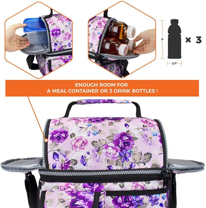 opux Insulated Lunch Bag Women Men, Dual Compartment Leakproof Lunch Box Adults Kids, Double Decker Meal Prep Bento Lunch Cooler Tote with Shoulder Strap for Work Office School Travel, Floral Purple